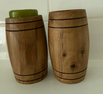 Handcrafted wooden home decor salt and pepper shakers shaped like barrels by Today's Hobbies