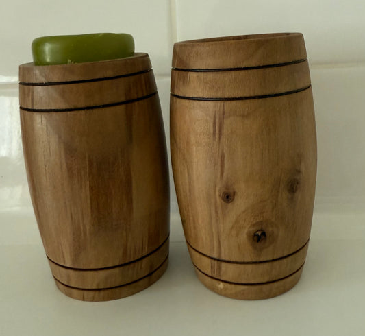 Handcrafted wooden home decor salt and pepper shakers shaped like barrels by Today's Hobbies
