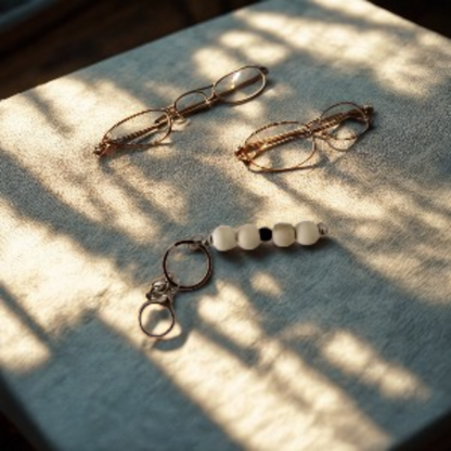 Handmade beaded keychain with white and black beads displayed on a textured surface with wireframe glasses nearby