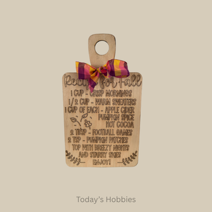 Handmade kitchen decor plaque wooden cutting board with fall recipe and plaid bow from Todays Hobbies