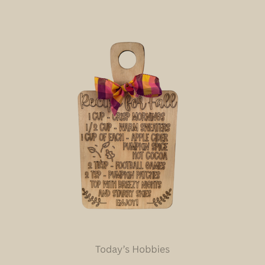 Handmade kitchen decor plaque wooden cutting board with fall recipe and plaid bow from Todays Hobbies