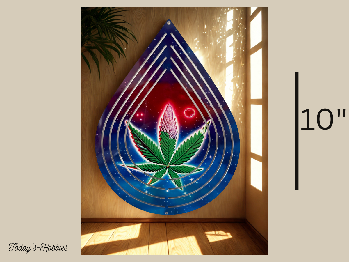 Today's Hobbies sublimation metal wind spinner for garden featuring a colorful cannabis leaf design