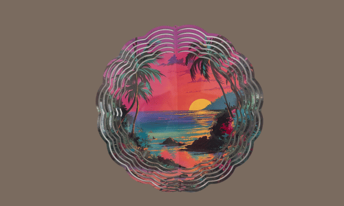 Today’s Hobbies tin outdoor wind spinner with sunset beach and palm tree design