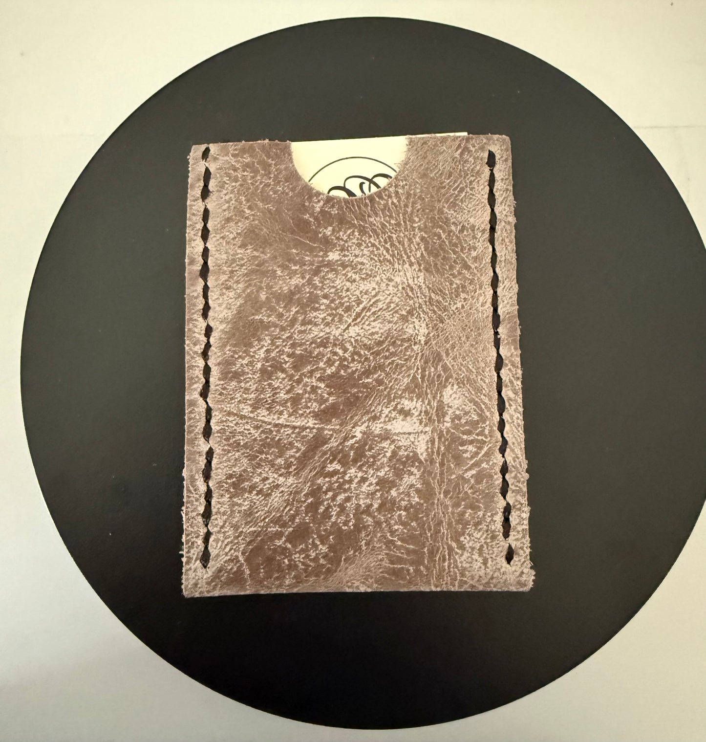 Today’s Hobbies 100 percent cow hide slim leather card sleeve in brown with visible stitching