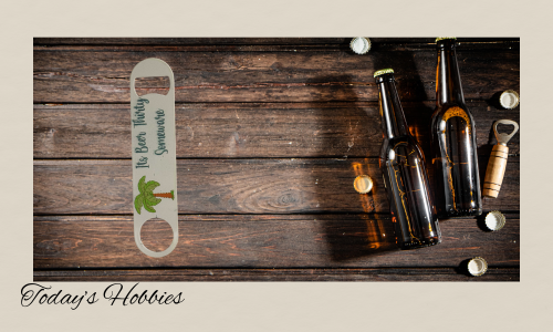 Durable steel bottle opener with tropical design and 'Big Beer Thirsty Somewhere' text on wooden background