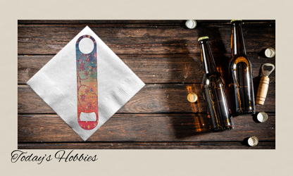 Today’s Hobbies sublimation durable steel bottle opener with colorful design on wooden table with beer bottles
