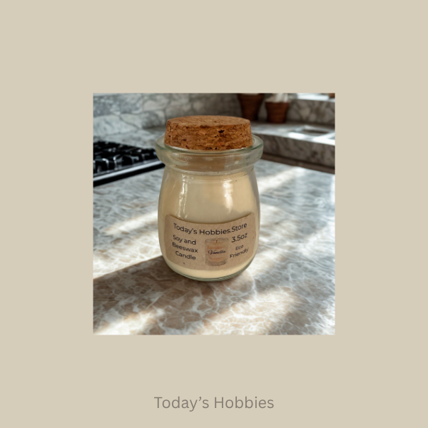 Todays Hobbies eco friendly soy wax Candles in glass jar with cork lid on kitchen counter