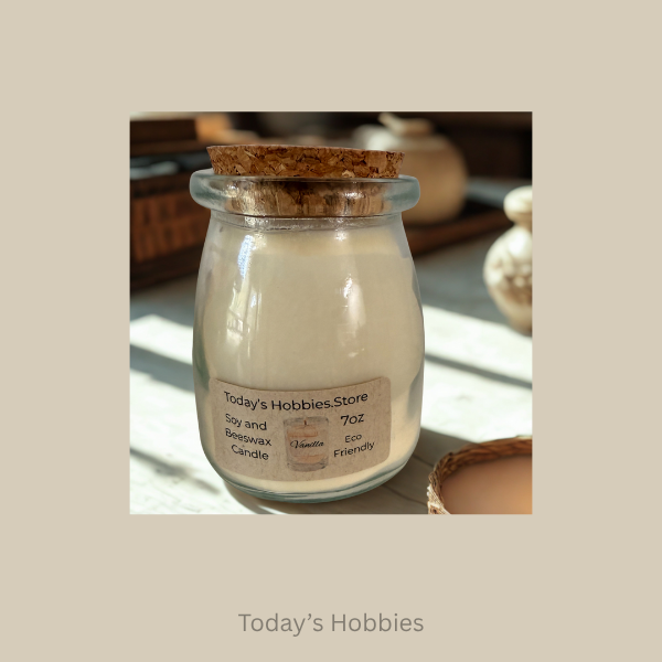 Todays Hobbies eco friendly soy wax candles in glass jar with cork lid and vanilla scent