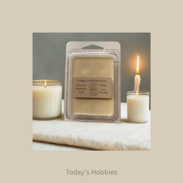 Todays Hobbies eco friendly soy wax candles with two lit white candles on a beige background