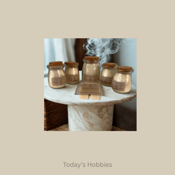Todays Hobbies eco friendly soy wax candles in small glass jars with cork lids on marble stand