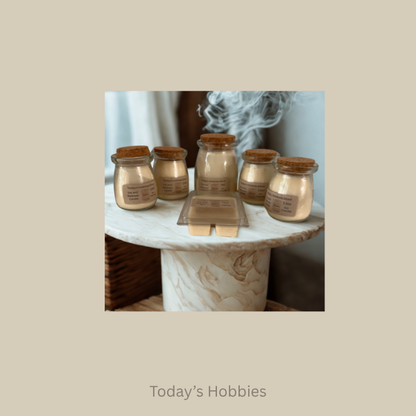 Todays Hobbies eco friendly soy wax candles in small glass jars with cork lids on marble stand