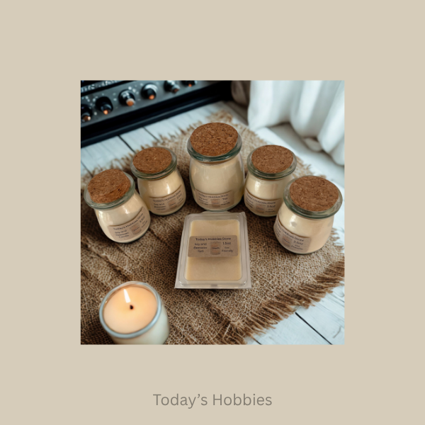 Todays Hobbies eco friendly soy wax Candles in glass jars with cork lids and a lit candle on a rustic burlap cloth