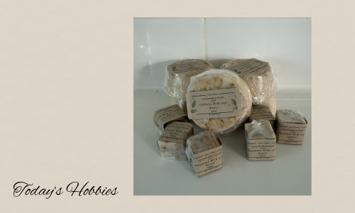 Today's Hobbies goat milk oatmeal soap bars wrapped in plastic with natural oatmeal pieces visible