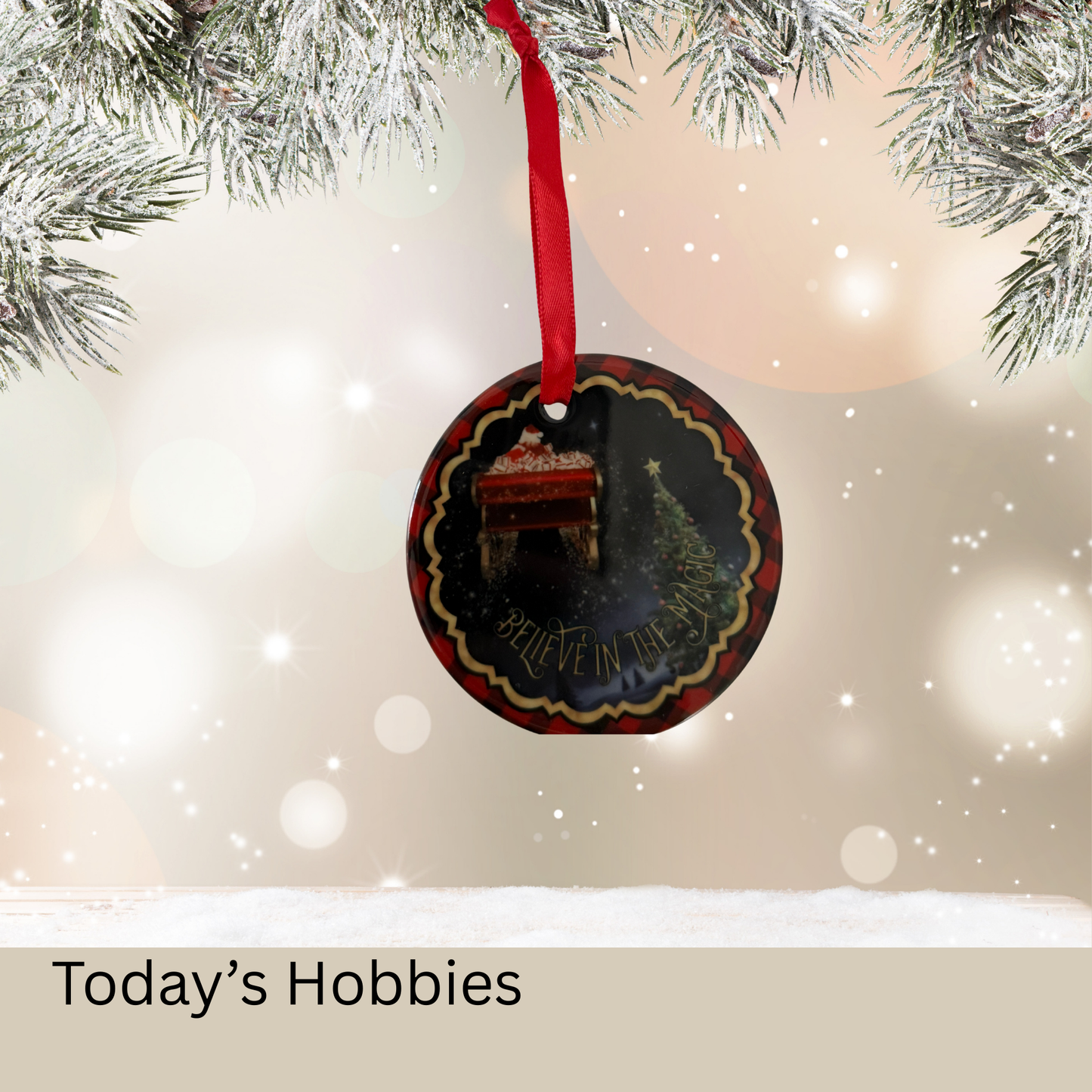 Handcrafted Christmas ornament for home made of sublimation glass with festive design hanging on red ribbon