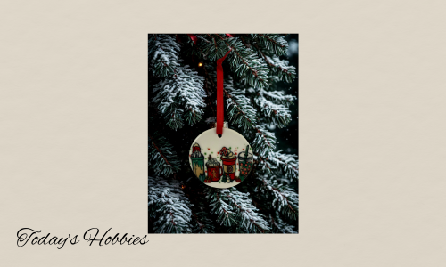 Handcrafted Christmas ornament for home sublimation glass decorated with festive winter holiday design hanging on snowy pine tree