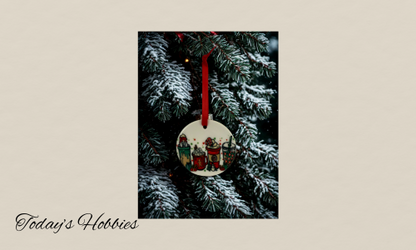 Handcrafted Christmas ornament for home sublimation glass decorated with festive winter holiday design hanging on snowy pine tree