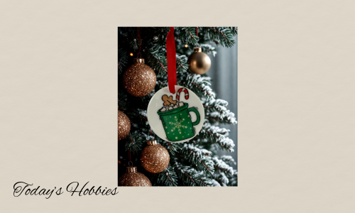 Handcrafted Christmas ornament for home with green mug design hanging on snowy Christmas tree