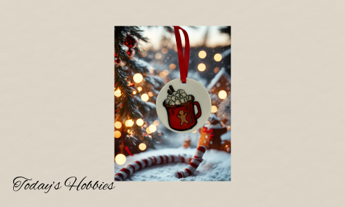 Handcrafted Christmas ornament for home featuring a sublimation glass design of a red mug with marshmallows hanging on tree