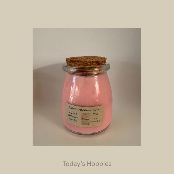 Todays Hobbies handmade plumeria candle in pink glass jar with cork lid eco friendly soy wax