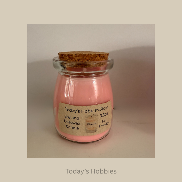 Todays Hobbies handmade plumeria candle in a glass jar with cork lid and pink soy and beeswax wax