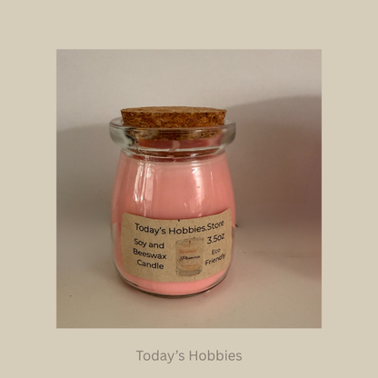 Todays Hobbies handmade plumeria candle in a glass jar with cork lid and pink soy and beeswax wax