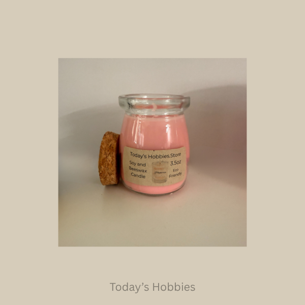 Todays Hobbies handmade plumeria candle in pink soy and beeswax with cork lid