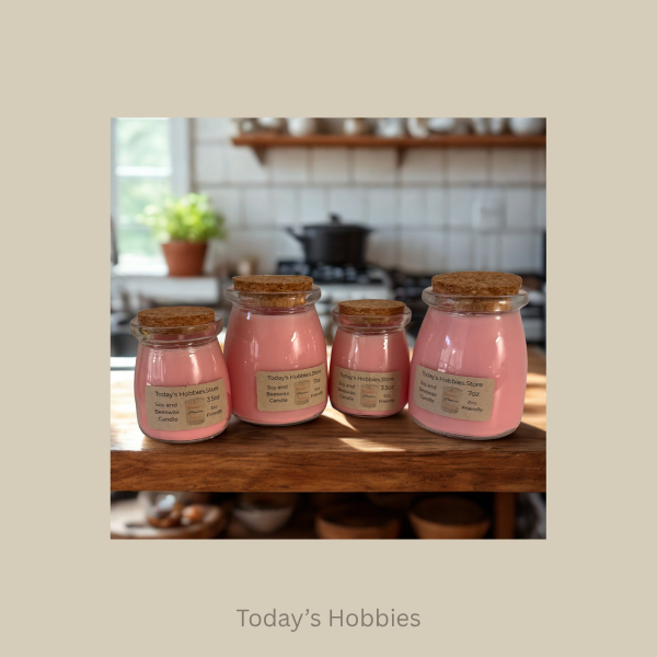 Set of handmade plumeria candle jars in various sizes with cork lids from Todays Hobbies