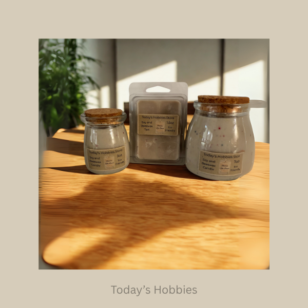 Todays Hobbies handmade scented wax tarts displayed in glass jars and a plastic pack on wooden surface