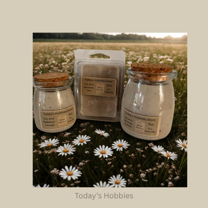 Todays Hobbies handmade scented wax tarts and soy candles in glass jars with cork lids on a field of daisies