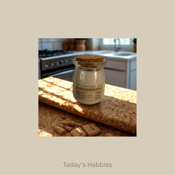 Todays Hobbies handmade scented wax tarts in a glass jar with cork lid on kitchen countertop