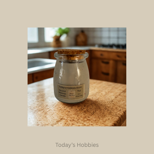 Todays Hobbies handmade scented wax tarts in a glass jar with cork lid on kitchen counter