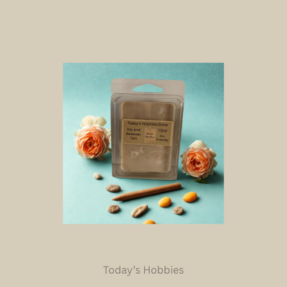 Todays Hobbies handmade scented wax tarts pack with decorative flowers and seeds on blue background