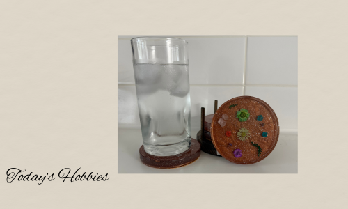 Todays Hobbies resin indoor outdoor decorative drink coasters with floral design and glass of water