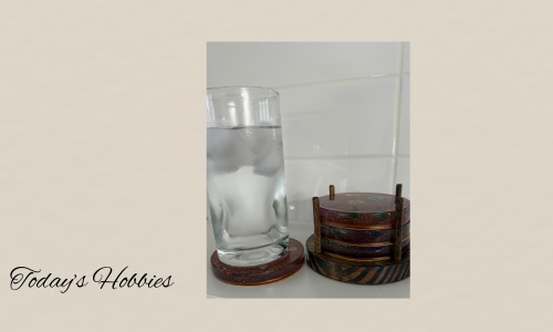 Resin indoor outdoor decorative drink coasters by Today's Hobbies with glass of water on coaster