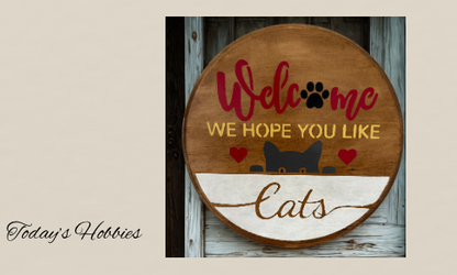 Wood pet themed welcome plaque by Today’s Hobbies featuring cat design and warm greeting