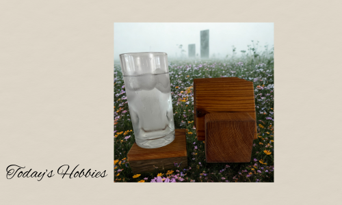 Red cedar coaster set of 6 wooden coasters with a glass of water placed on one coaster