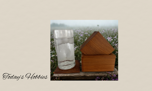 Today's Hobbies red cedar coaster set of 6 with natural wood grain and glass of iced water