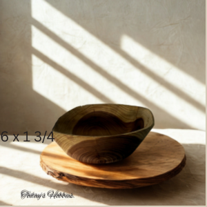 Unique handcrafted home decor gift wooden bowl by Today's Hobbies on rustic wooden base in natural light