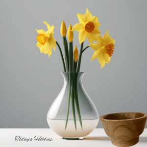 Handmade small oak bowl by Today's Hobbies placed next to a vase with yellow daffodils on a white surface