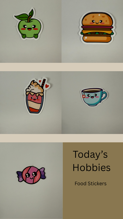 Today’s Hobbies premium weatherproof sticker pack featuring cute apple, burger, milkshake, coffee cup, and candy food designs