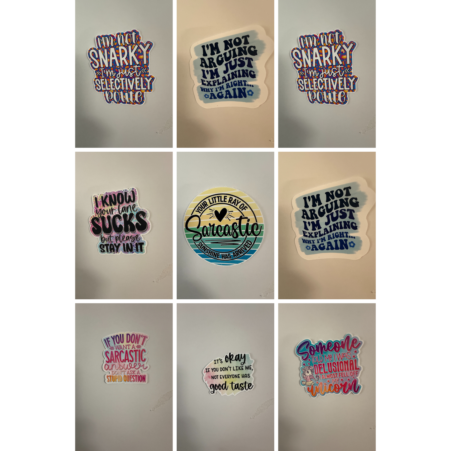 Today’s Hobbies premium weatherproof sticker pack with sarcastic and humorous quotes in colorful designs