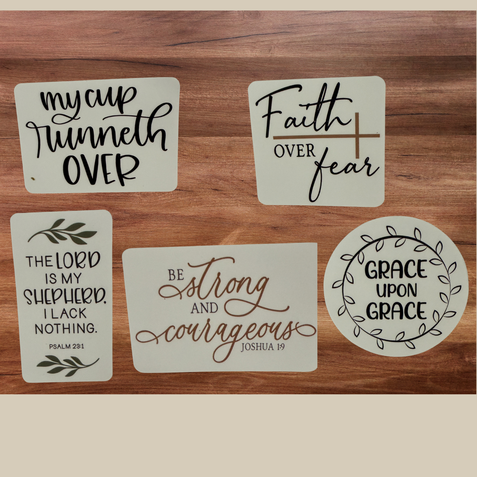 Today's Hobbies premium weatherproof sticker pack with inspirational faith quotes on wooden background