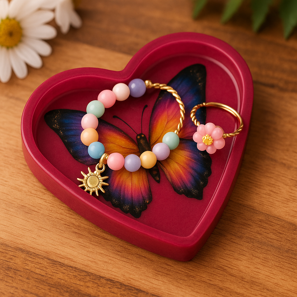 Unique heart decor gift resin tray in red with butterfly design holding colorful beaded bracelet and flower ring