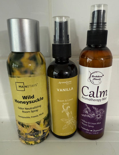 Unique home air freshener decor featuring Wild Honeysuckle, Vanilla, and Calm aromatherapy mist sprays