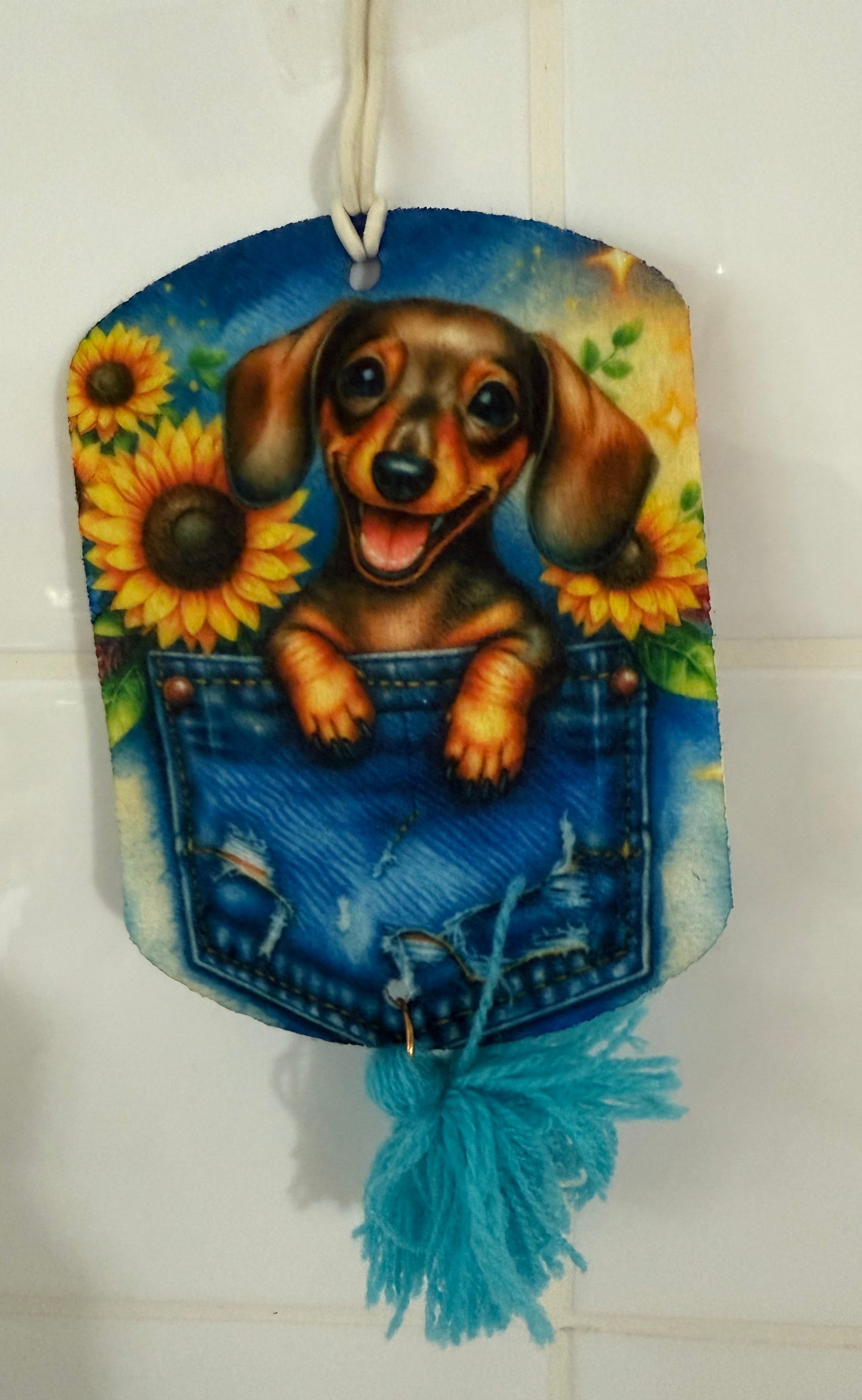 Today's Hobbies sublimation unique home air freshener decor featuring a smiling dachshund in a denim pocket with sunflowers and tassel