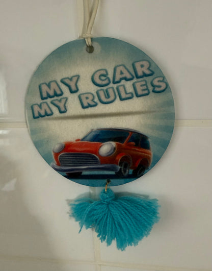 Sublimated circular air freshener with red car and text My Car My Rules unique home air freshener decor