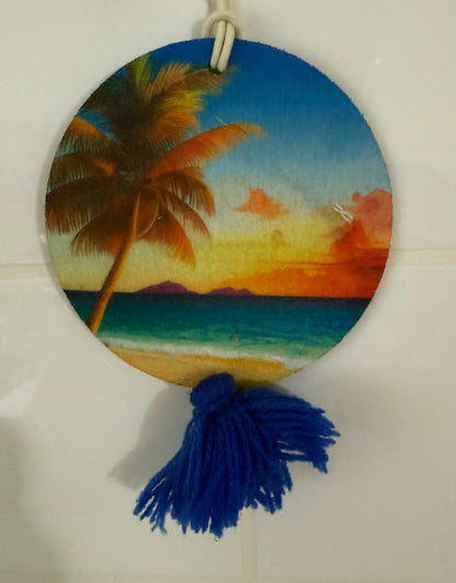 Today’s Hobbies sublimation round air freshener with tropical sunset design and blue tassel unique home air freshener decor