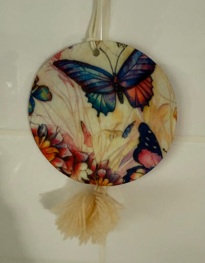 Today's Hobbies sublimation round hanging unique home air freshener decor with colorful butterfly and floral design