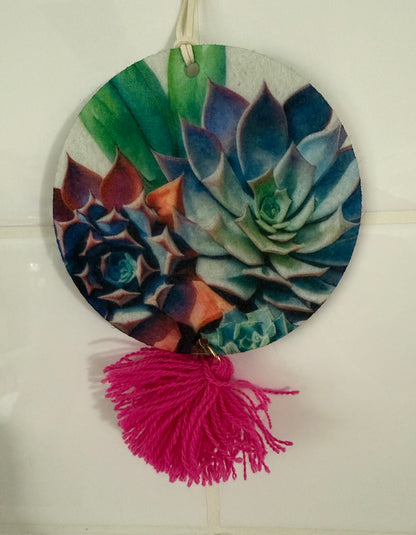 Today's Hobbies sublimation air freshener with succulent design and pink tassel unique home air freshener decor