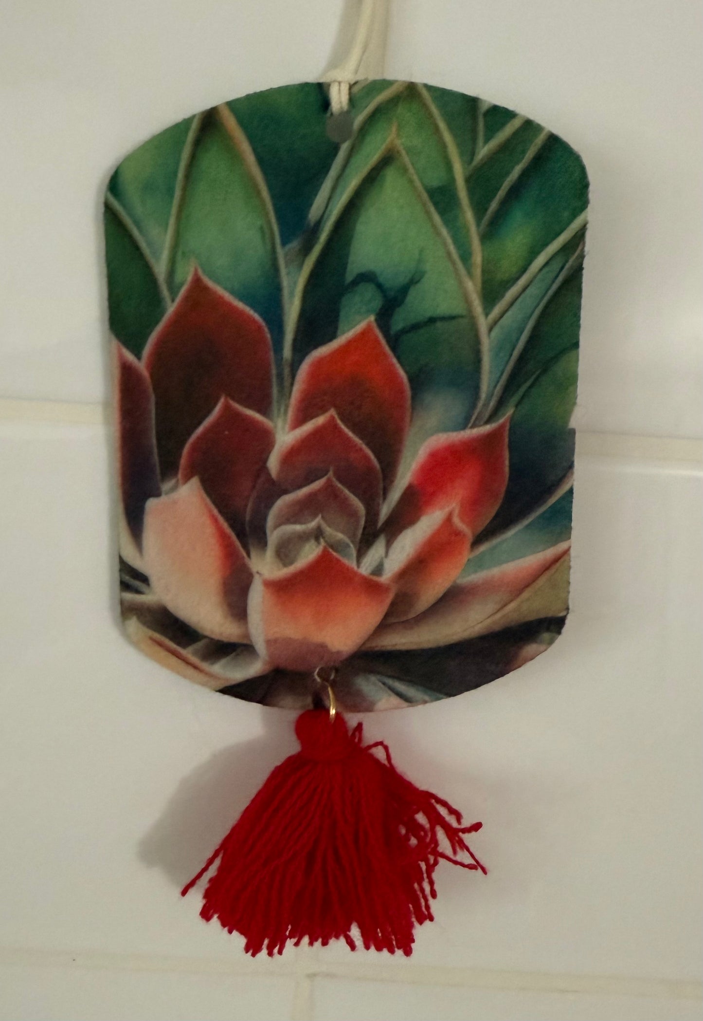 Sublimation air freshener with succulent design and red tassel from Today’s Hobbies unique home air freshener decor